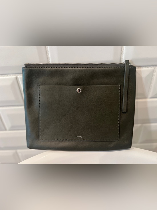 Theory Handbags - Theory Dark Olive Leather Clutch with Front Pocket